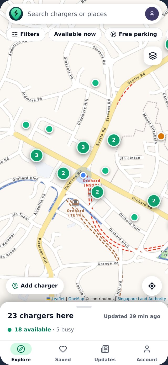 Where2Charge map with green available and amber busy charger pins