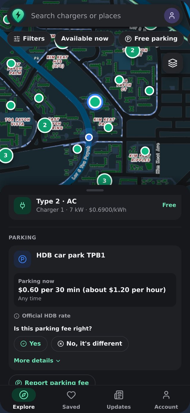 Charger card showing the HDB parking fee that applies now and asking if the fee is right